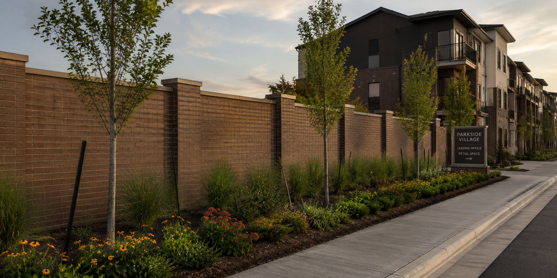 Permacrete BrickCast precast concrete wall system installed along a landscaped multifamily residential community, providing privacy, security, noise mitigation, and architectural appeal.