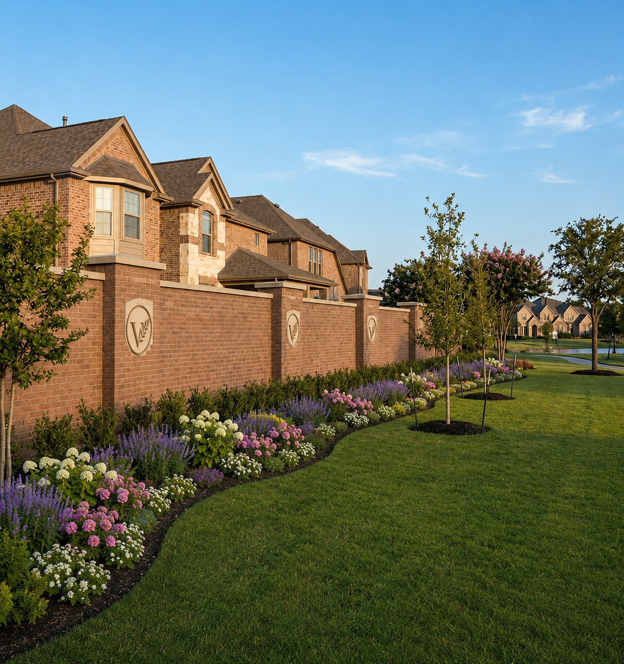 Permacrete BrickCast precast concrete perimeter wall with decorative community identity markers installed in a master-planned residential neighborhood featuring landscaped flower beds, mature trees, and homes.
