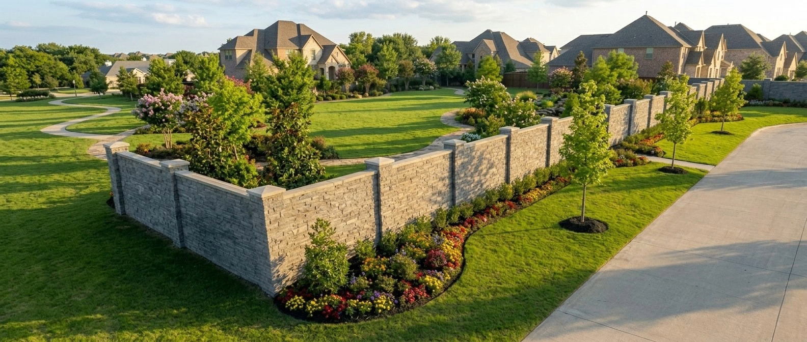 An aerial view of a precast stone privacy wall featuring multiple pillars with caps along a large expanse of green grass with concrete walking paths. Large beds of multi-colored flowers and shrubs line the base of the wall.