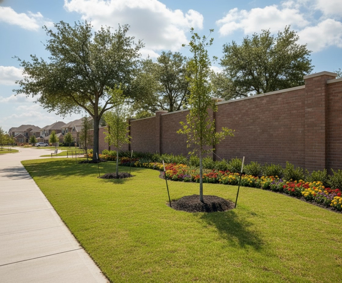 Precast concrete brick wall installed along a residential community perimeter, providing privacy, security, noise reduction, and long-term durability.