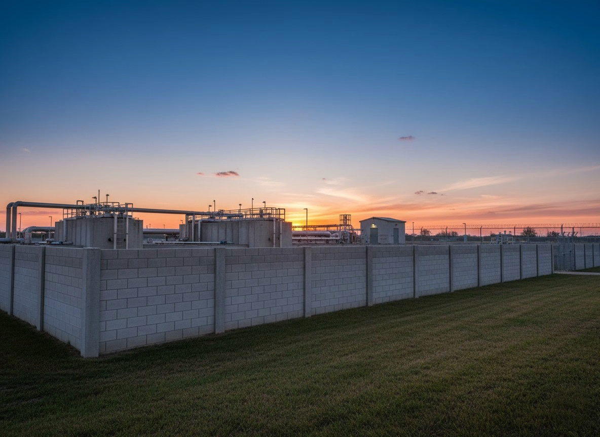 A long, low grey block wall with pilasters encloses an industrial or utility facility with pipes, tanks, and a small building, silhouetted against a vibrant sunset of deep blue, orange, and red.
