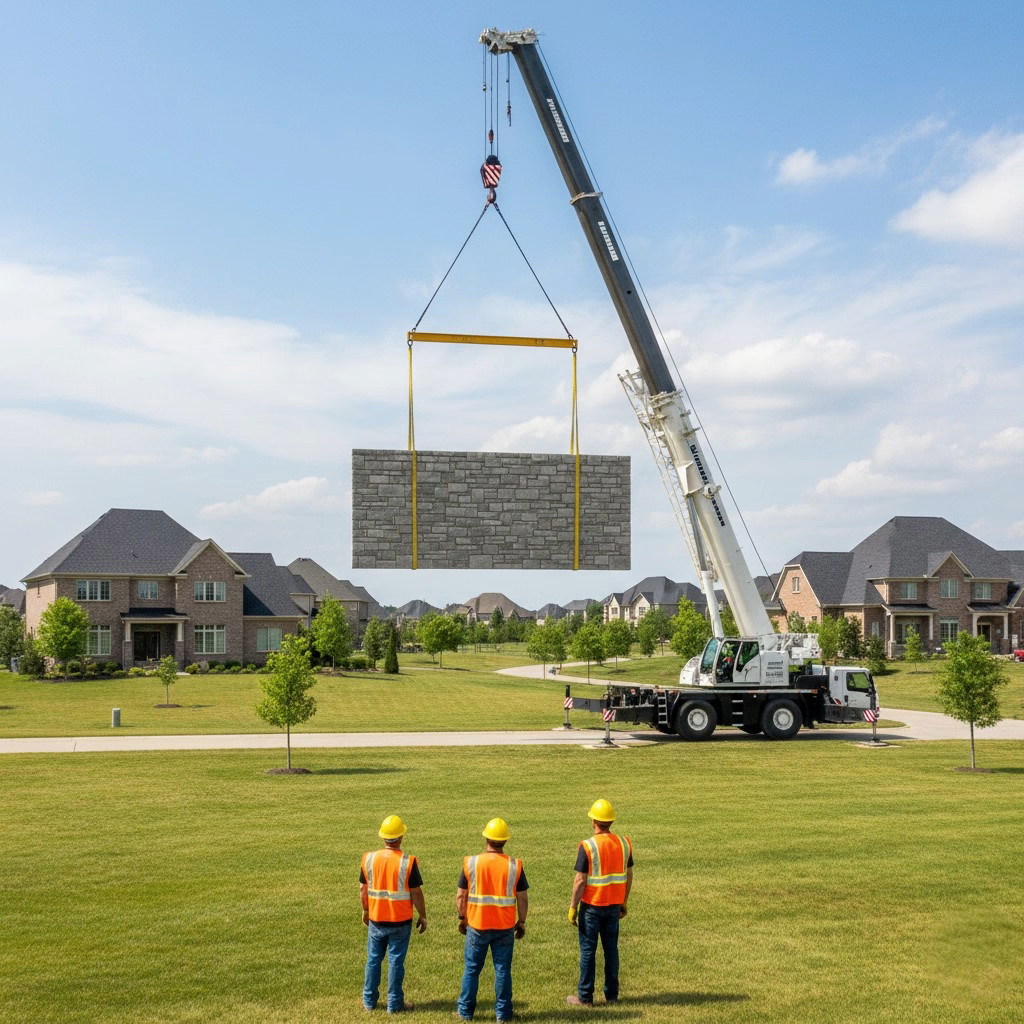 Three construction workers in vests and hard hats stand on a residential street watching a large white crane lift a precast stone-textured wall panel into place. Suburban houses surround the area.