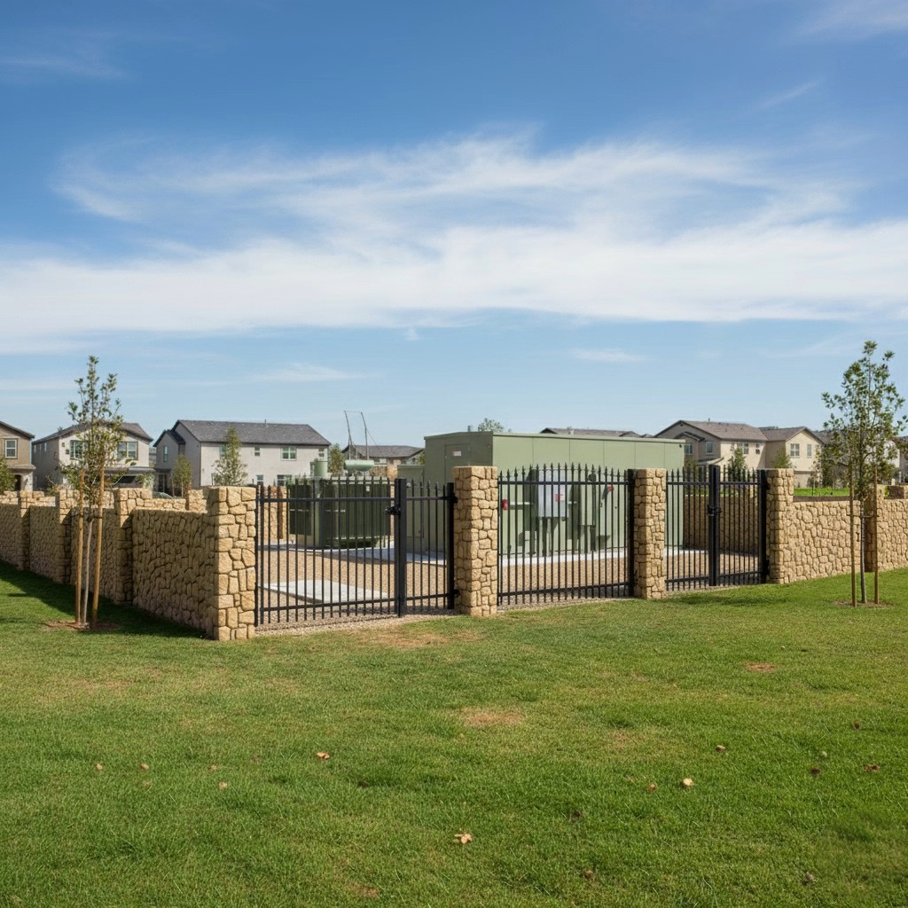 A low stone-textured wall with large pilasters and black wrought iron fence gates encloses a green utility box or transformer on a grassy lot, with suburban houses visible in the background.