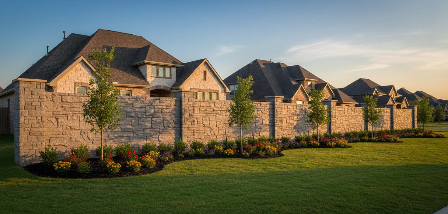 A long tan-colored stone-textured wall with pilasters separates a manicured lawn and curved flower bed from a row of large suburban houses, bathed in the warm light of sunset.