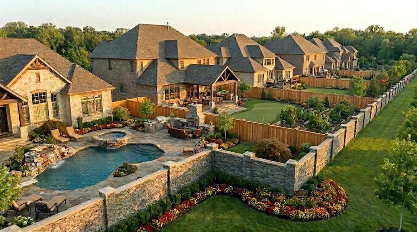 An aerial view of a luxury residential backyard featuring a swimming pool, hot tub, and a precast concrete stone perimeter wall with capped columns.