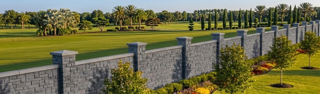 A long, grey precast concrete stone wall with pillars bordering a large, manicured green golf course with palm trees.