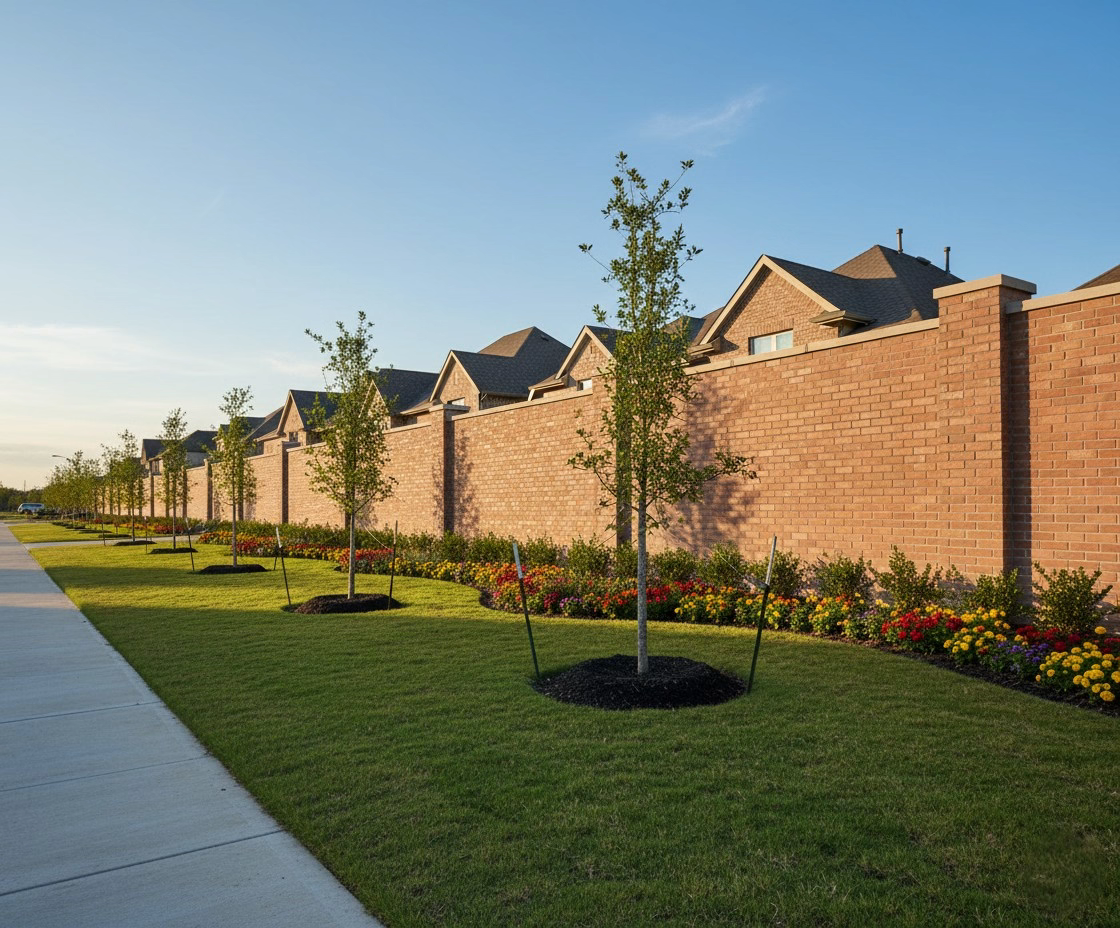 A high red-orange brick wall runs alongside a concrete sidewalk and lawn. The wall partially obscures a row of residential houses, whose upper stories and roofs are visible, under a clear blue sky. Young trees and a flower bed line the wall.