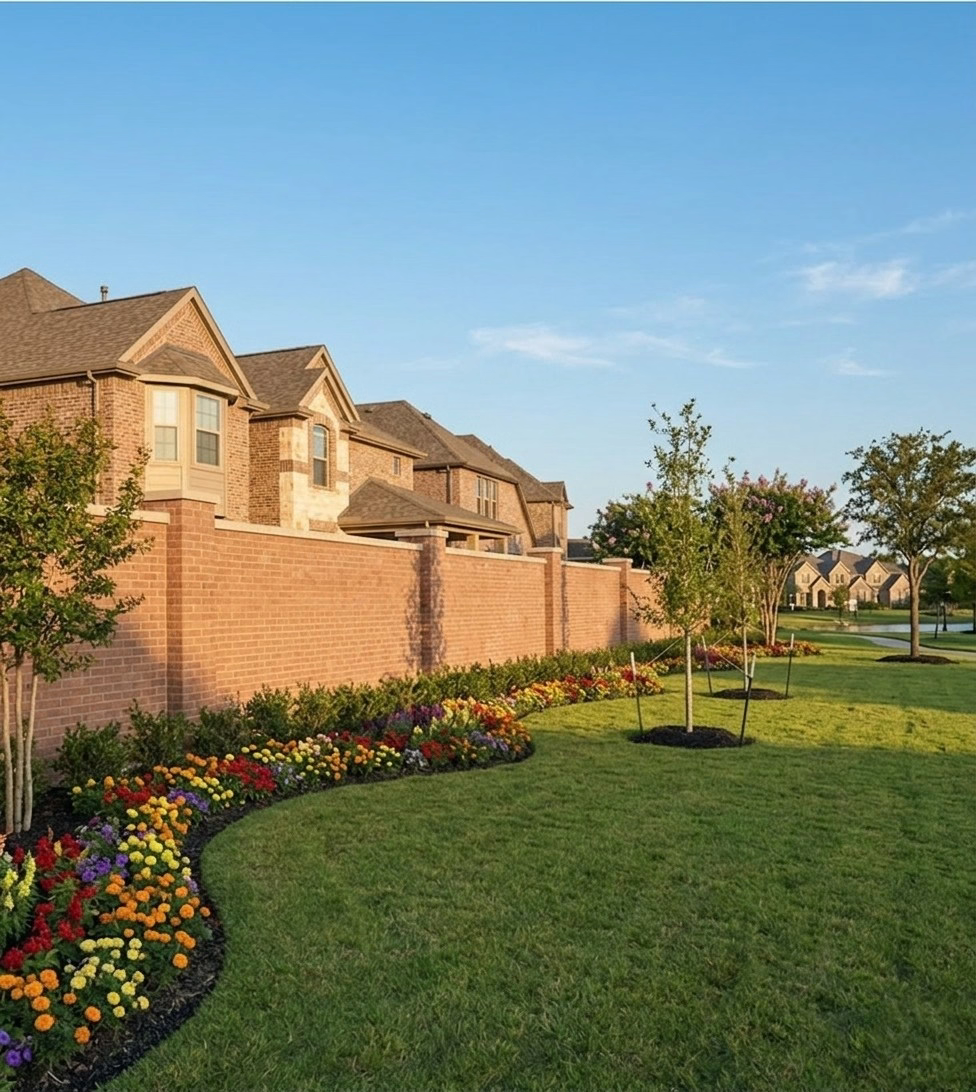 A long, brown-stained precast concrete fence with a wood texture runs along a sidewalk and lawn. Young trees and elaborate flower beds with diverse colors line the fence, with residential houses visible above the fence line.