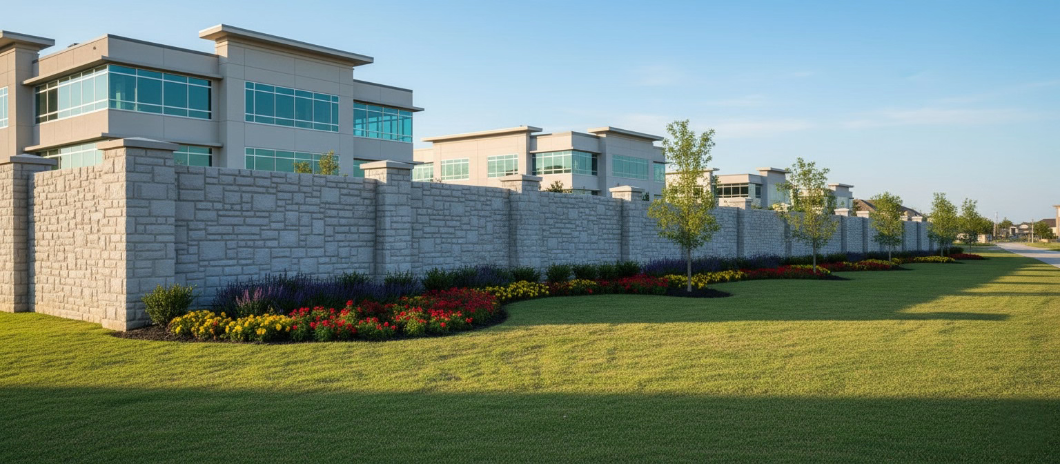 A panoramic view of a low grey stone-textured wall with pilasters that runs along a wide, manicured lawn with flower beds. The wall separates the lawn from a row of large, modern commercial or office buildings.