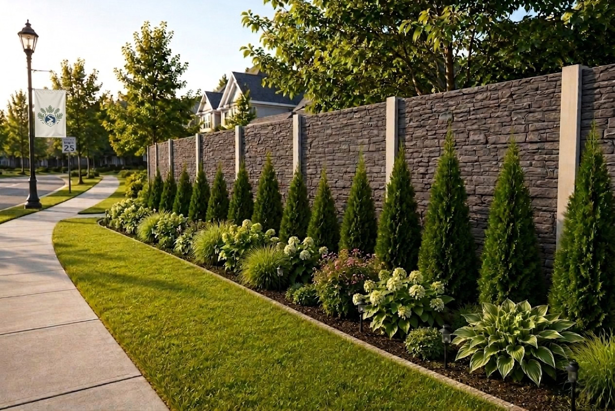 Residential yard with a gray stacked stone textured precast concrete wall and manicured landscaping.