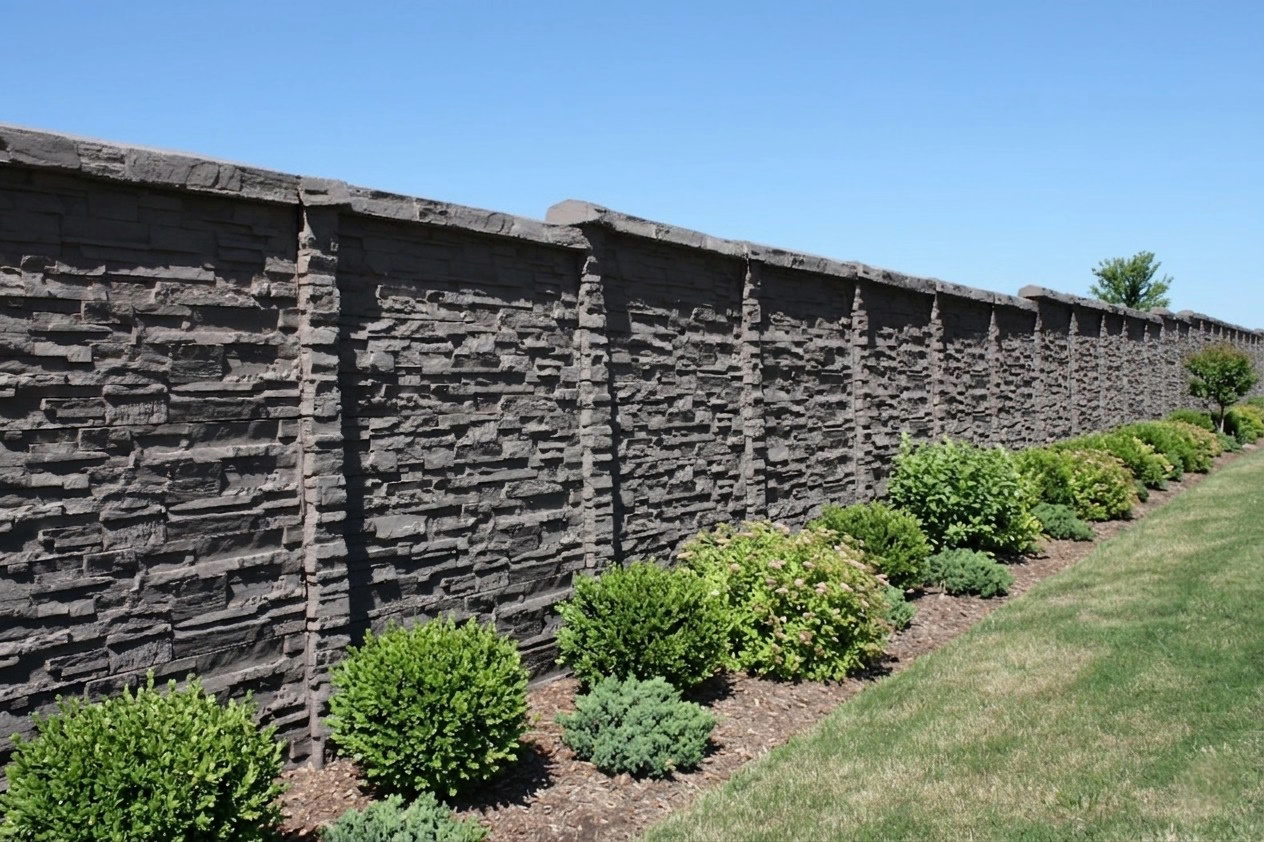 Precast concrete perimeter wall with a dark, rugged stone masonry texture and vertical columns, enhanced with small green landscaping bushes along the base.