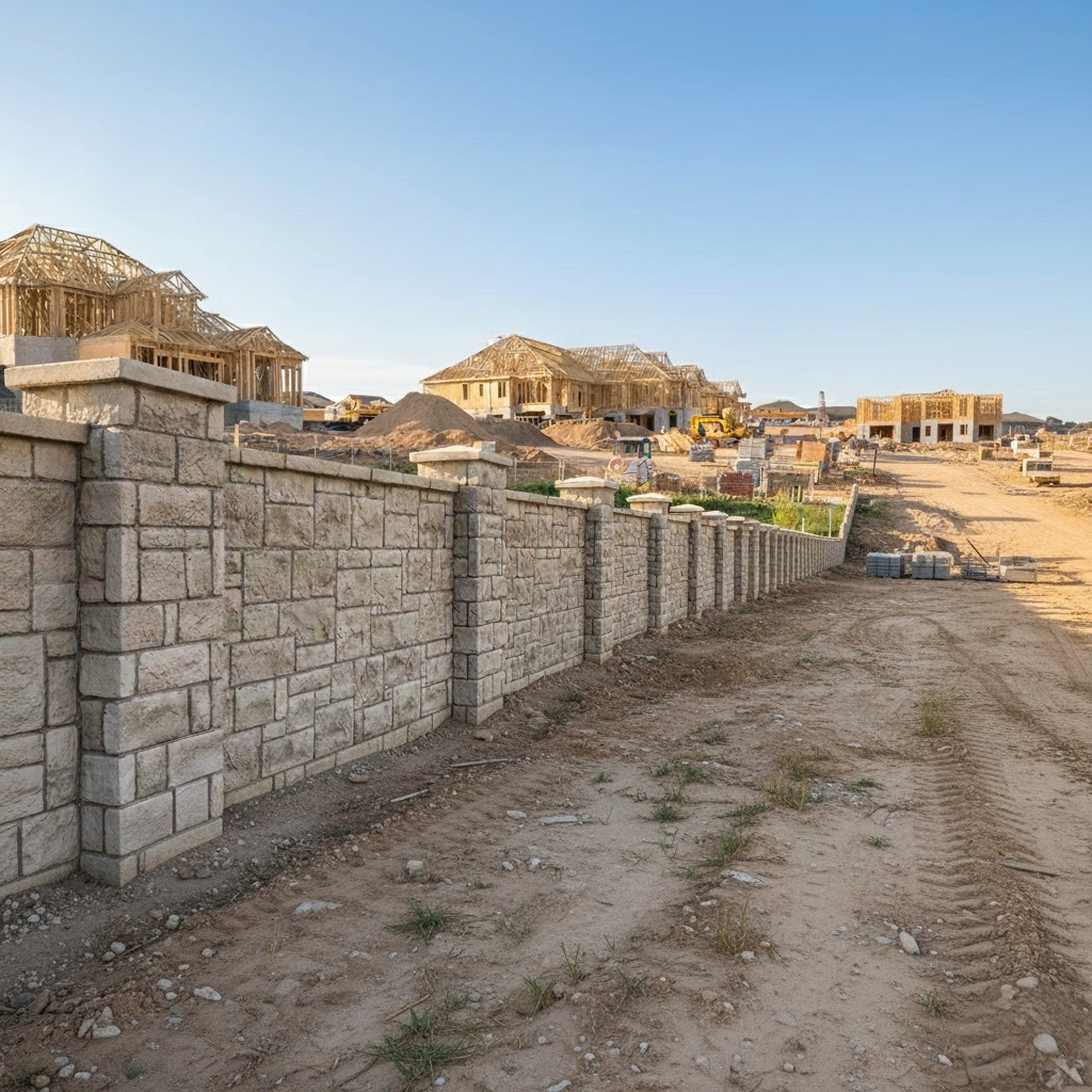 A long StoneCast wall featuring a textured, block-style design, extending along a residential construction site where several homes are in the framing stage.