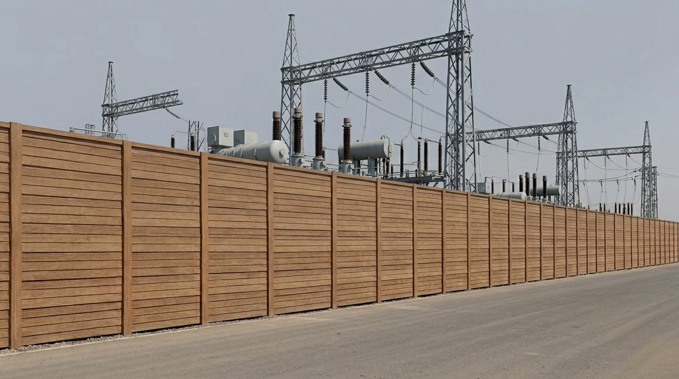 A long, horizontal wood-look precast concrete privacy fence running alongside an asphalt road with a high-voltage electrical substation visible in the background.
