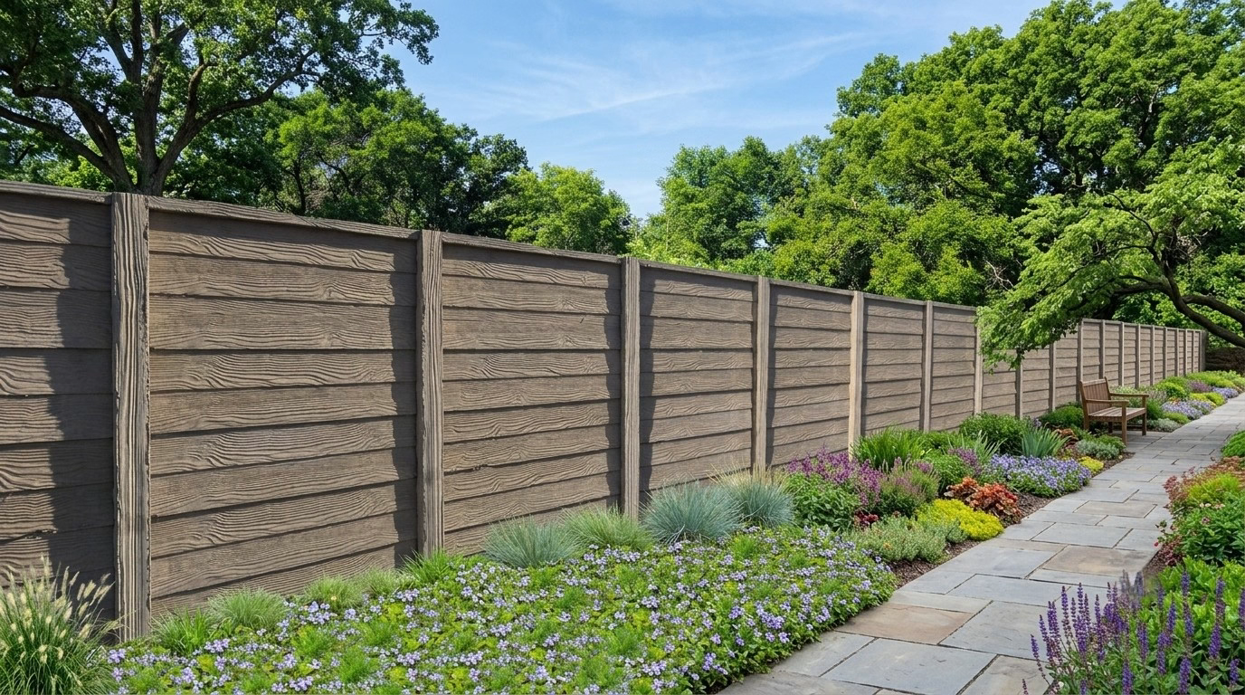 A long, textured brown precast wood fence that mimics the look of stacked timber planks. In front of the fence is a lush, vibrant garden bed. A clean stone paver pathway runs parallel to the garden and a wooden garden bench is placed along the walkway. Green trees frame the image.