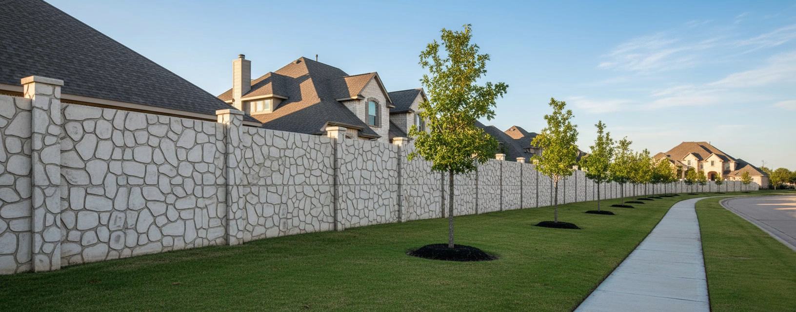 Kona Rock textured precast concrete perimeter wall with structural columns, lining a residential community street with mature landscaping and sidewalk.