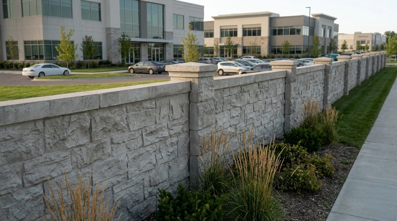 Close up of a modern corporate office complex featuring two multi-story buildings with glass facades. The buildings are surrounded by parking lots filled with various parked cars. A low, precast stone privacy wall borders a large, well-manicured green lawn in the foreground.