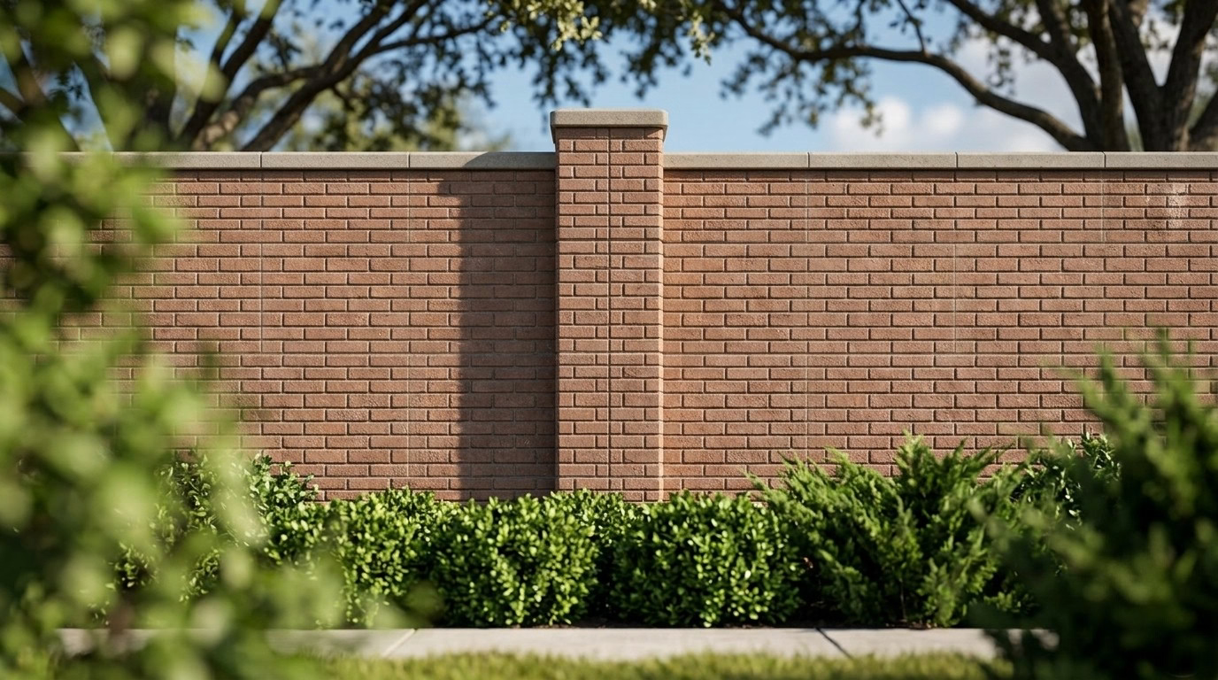 Close up of a precast red brick wall lined with manicured hedges and trees along a paved walkway.