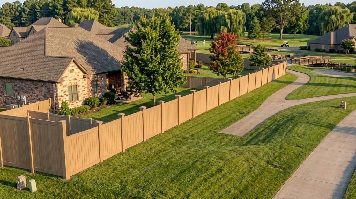 Close up view of a residential neighborhood bordering a lush green golf course. A row of single-family brick homes with gray roofs sits to the left, separated from the golf course by a long, beige precast wood privacy fence.