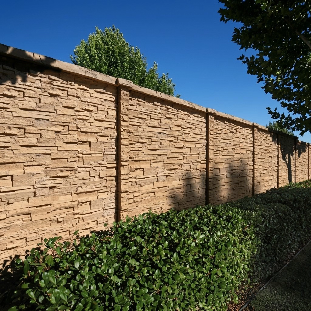 Precast concrete perimeter wall with a detailed tan masonry stone texture, straight wall panels, and flush vertical columns.