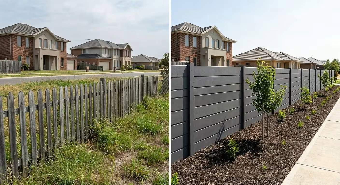 Side-by-side comparison of a deteriorated wood privacy fence and a modern precast concrete fence in a residential community, highlighting the transformation from an aging, high-maintenance boundary with overgrown vegetation to a durable, attractive perimeter wall with clean landscaping and enhanced curb appeal