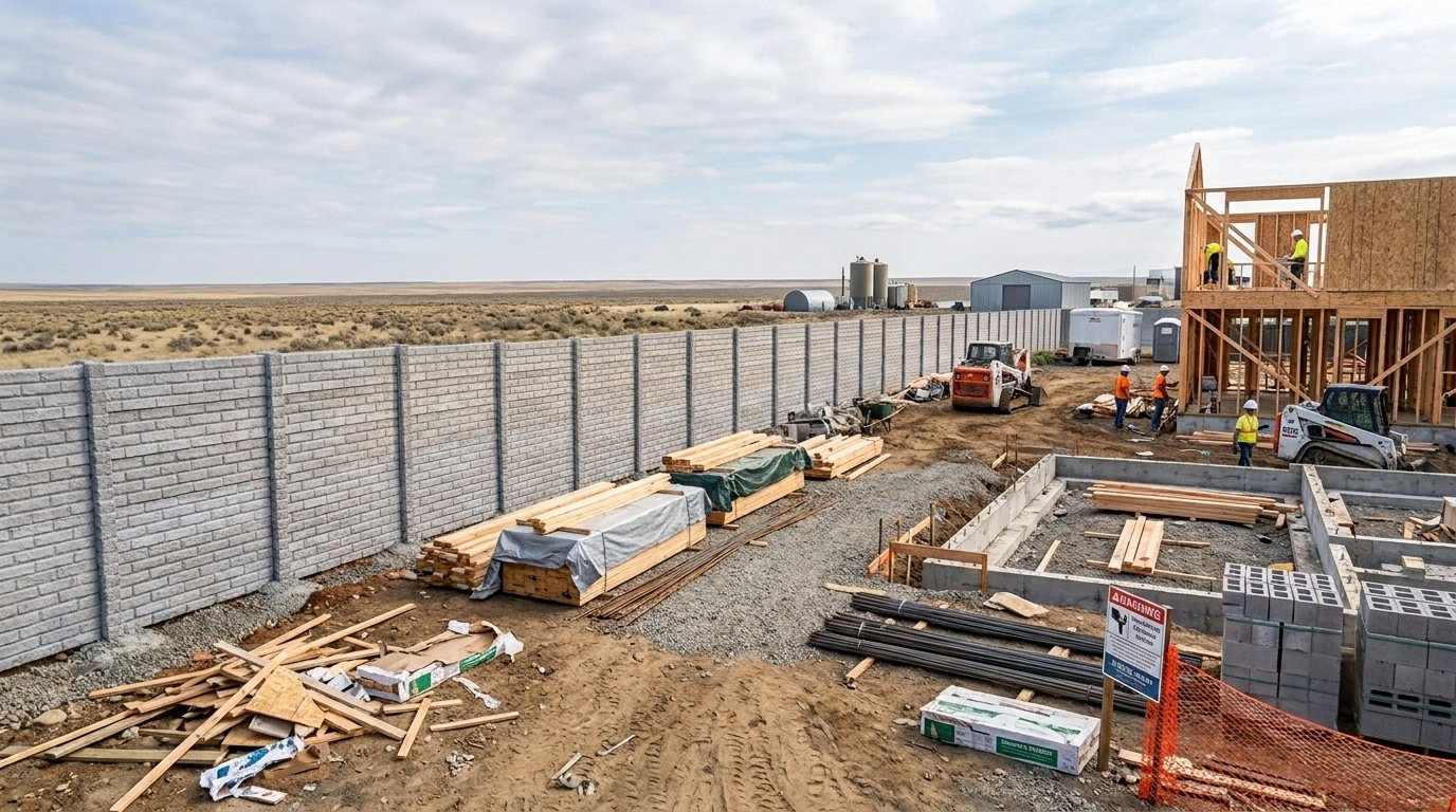 A residential construction site featuring a long, light-gray precast concrete brick-patterned fence running along the left side of the frame. Beyond the fence, the background consists of a vast, flat, and arid landscape with dry, brownish vegetation under a partially cloudy, blue sky, with no mountains or trees visible. In the foreground and middle ground, the construction site is active, showing a wooden house frame under construction.