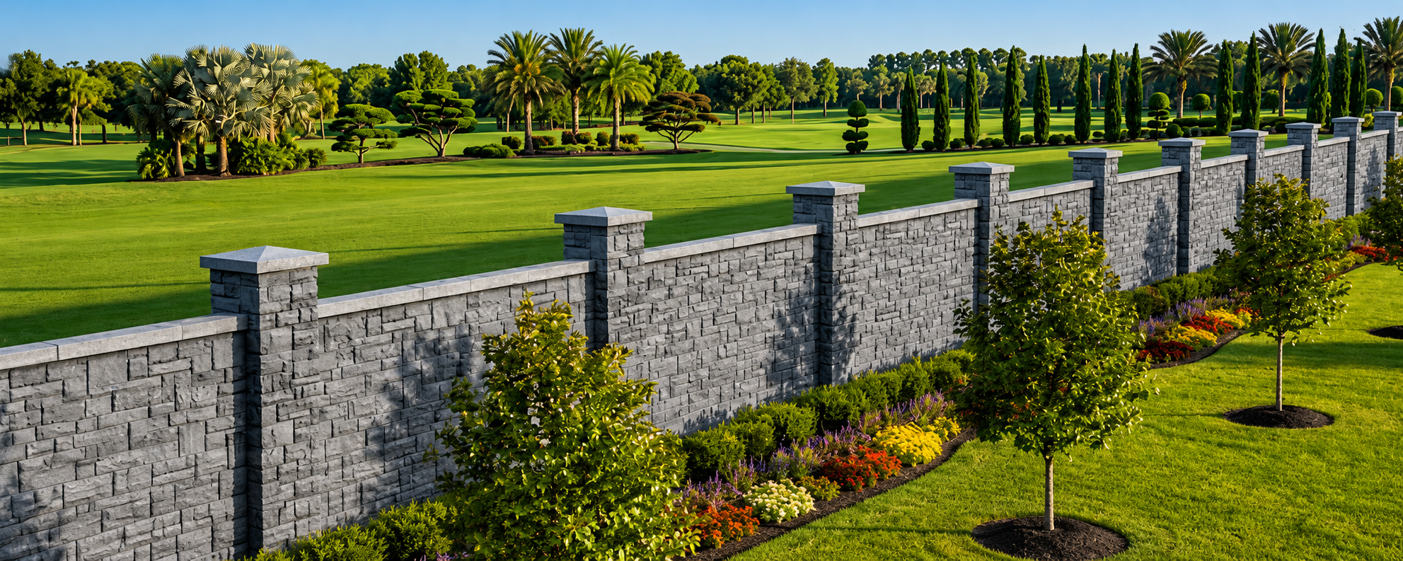 A long, grey precast concrete stone wall with pillars bordering a large, manicured green golf course with palm trees.