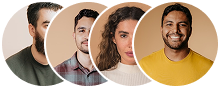 Four smiling diverse adults in overlapping circular frames on a light background.