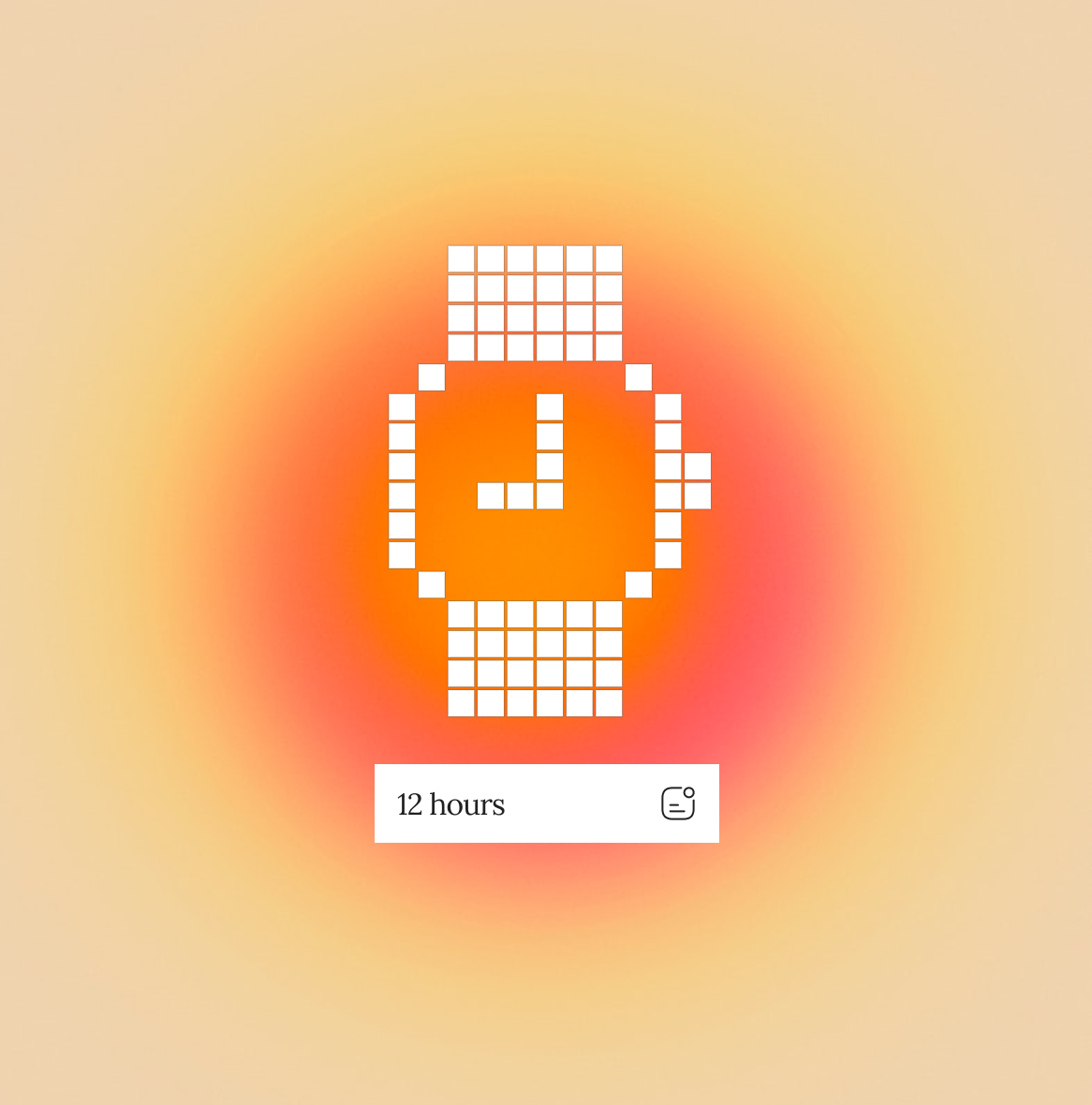 Pixel art style white watch icon showing 12 o'clock on an orange and red gradient background with the text '12 hours' below.