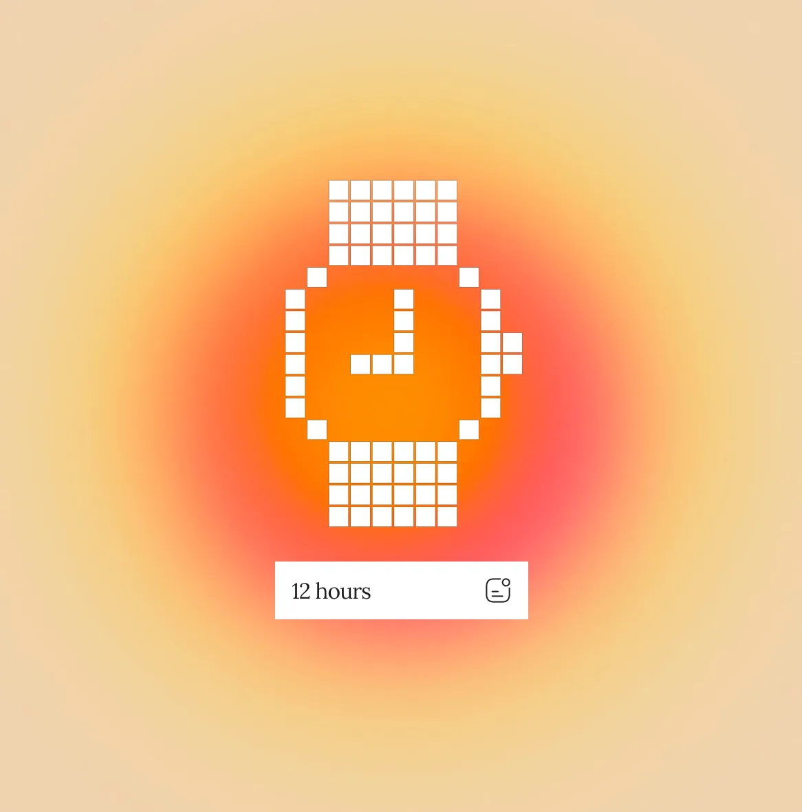Pixel art style white watch icon showing 12 o'clock on an orange and red gradient background with the text '12 hours' below.