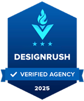 DesignRush 2019 Verified Agency badge with a checkmark and blue leaf design.