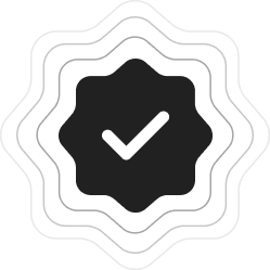 Black and gray badge icon with a checkmark in the center representing trust or approval.