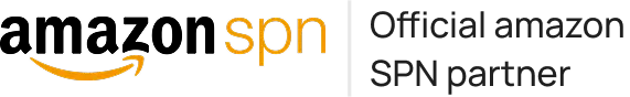 Amazon SPN logo with orange smile arrow and text 'spn' next to black text 'Official amazon SPN partner'.