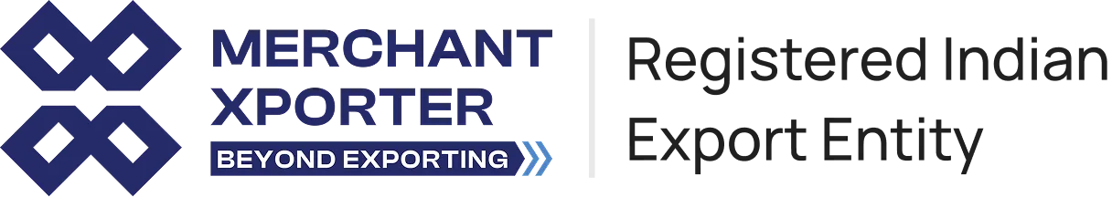 Merchant Xporter logo with tagline Beyond Exporting and text Registered Indian Export Entity