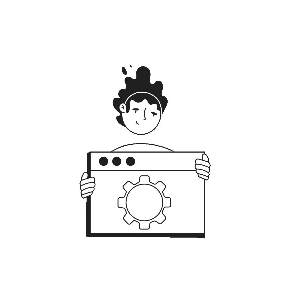 Illustration of a person holding a large browser window with a gear icon, symbolizing settings or configuration.
