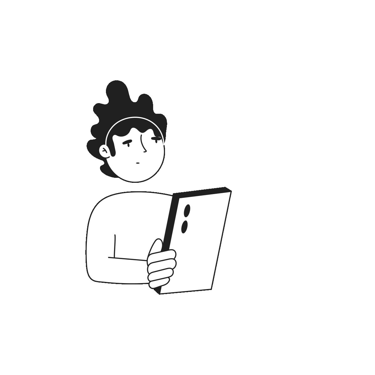 Illustration of a person with dark hair looking confused while holding a tablet or device.
