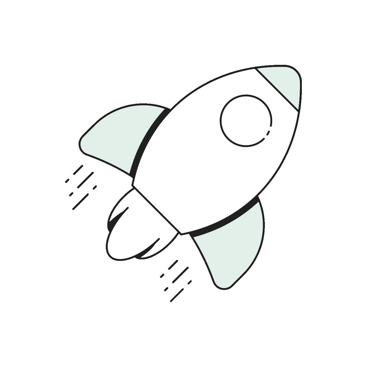 Simple illustration of a white rocket ship with light blue fins and exhaust lines on a dark background.