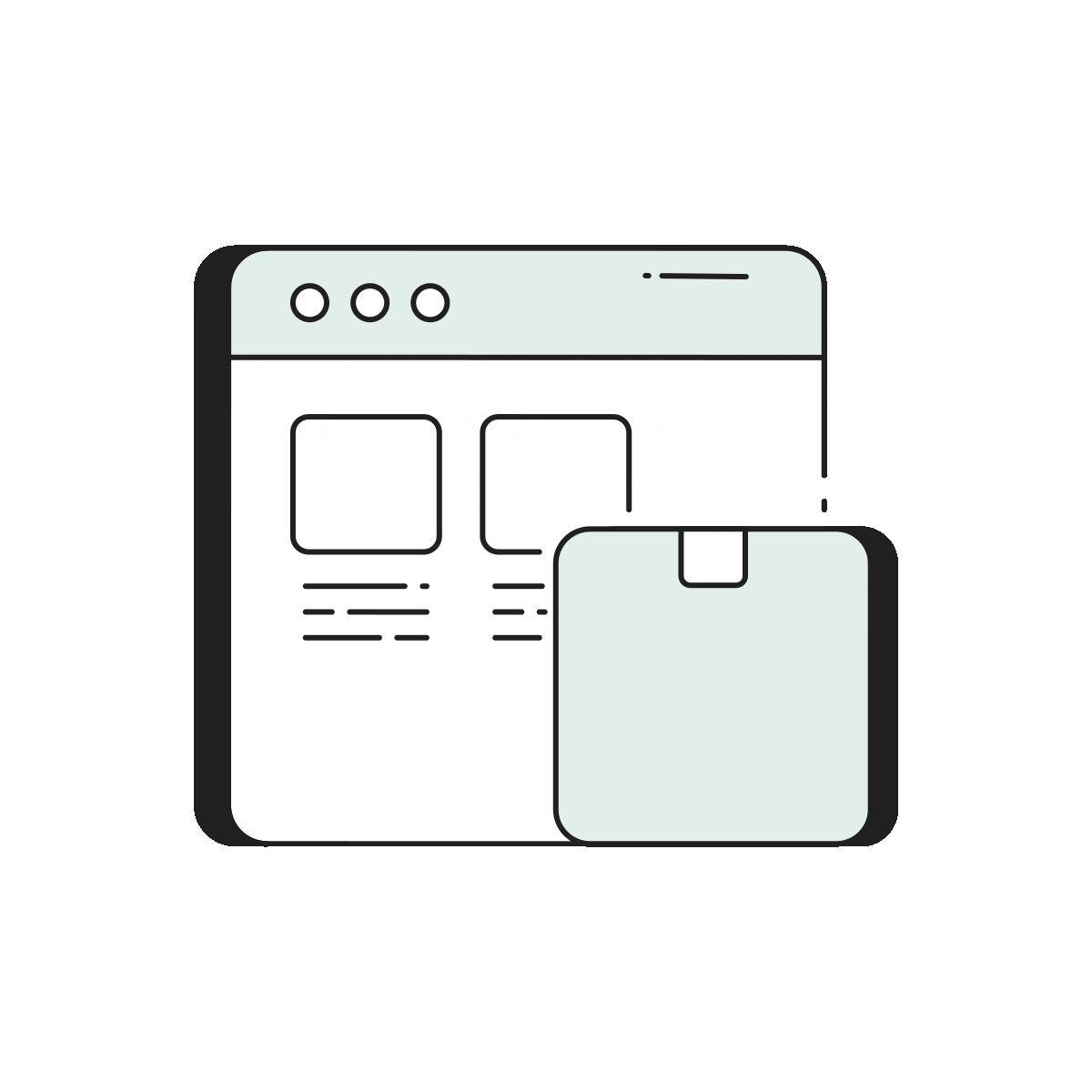 Illustration of a web browser window with two content sections and a package box in front, symbolizing online shopping or e-commerce.