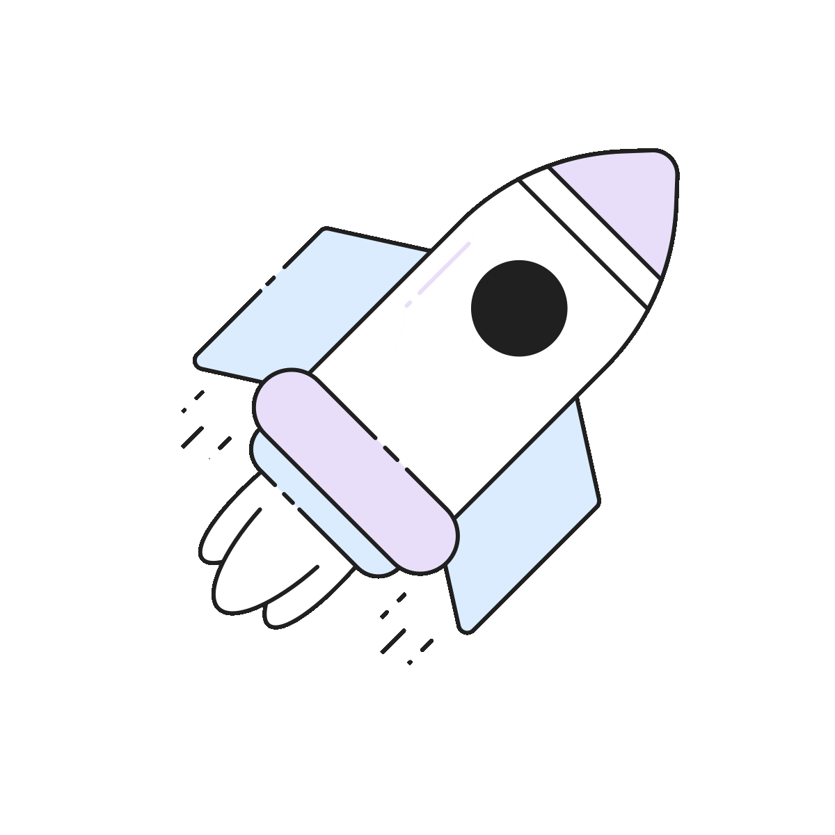 Cartoon-style rocket ship with blue fins and purple accents launching upward with exhaust flames.