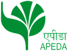 APEDA logo featuring a stylized green leaf design with Hindi text above and English acronym below.