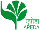 APEDA logo featuring a stylized green leaf design with Hindi text above and English acronym below.