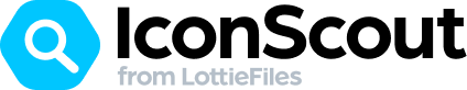 White magnifying glass icon inside a blue hexagon with text 'from LottieFiles' in gray.