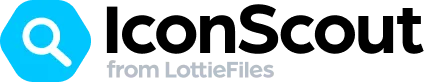 White magnifying glass icon inside a blue hexagon with text 'from LottieFiles' in gray.
