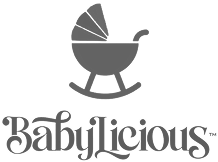 Black silhouette logo of a rocking baby stroller above the word Babylicious in cursive font.
