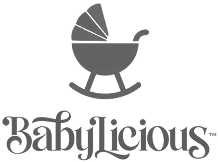 Black silhouette logo of a rocking baby stroller above the word Babylicious in cursive font.
