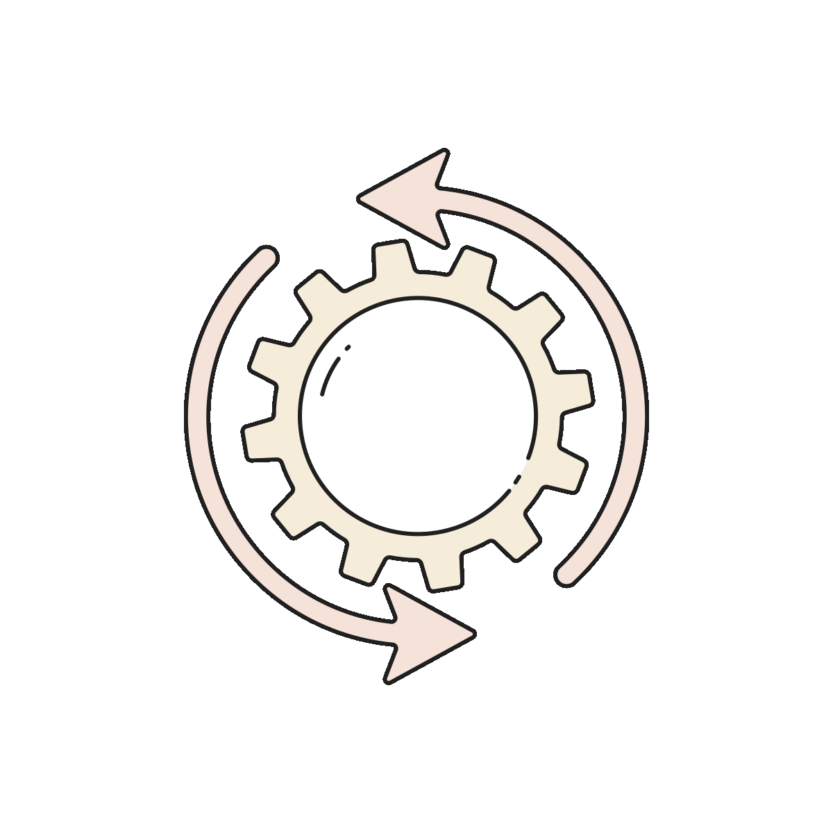 Gear icon with two curved arrows forming a circular loop around it, symbolizing process or synchronization.