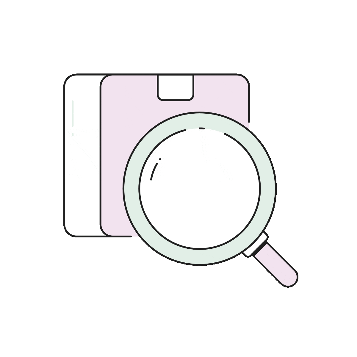 Magnifying glass inspecting a square software box icon, symbolizing software search or analysis.