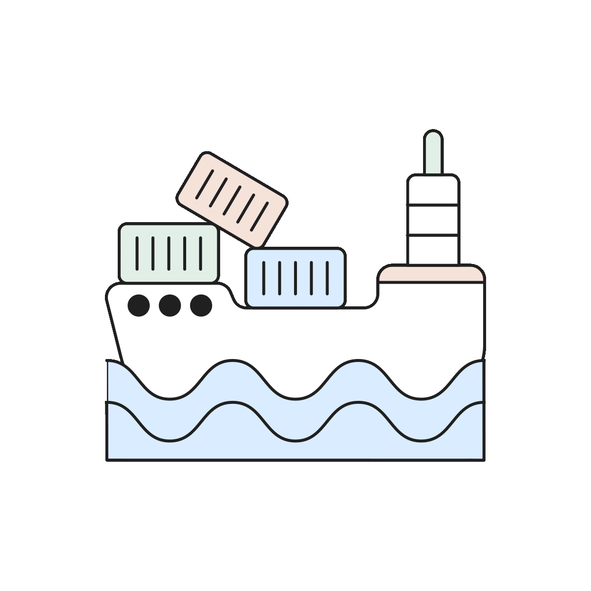 Illustration of a cargo ship carrying three containers on waves with a tall chimney.