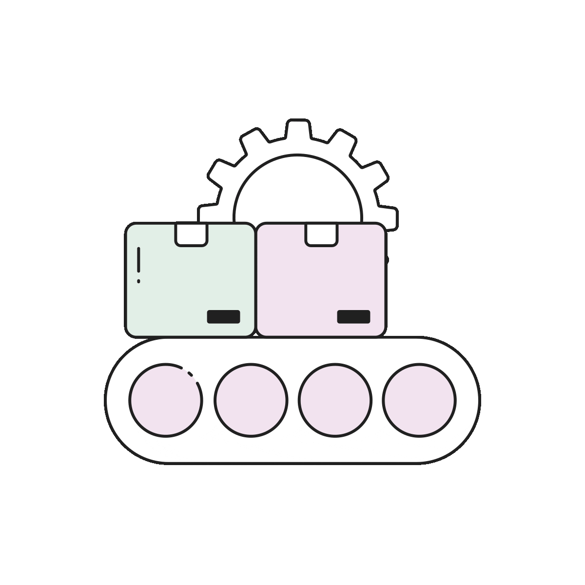 Illustration of two packages on a conveyor belt with a gear behind them symbolizing logistics and automation.