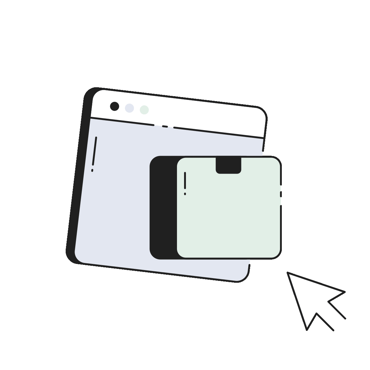 Illustration of overlapping web browser windows with a large cursor pointer on a dark background.