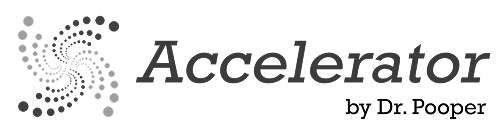 Accelerator by Dr. Pooper logo with a circular dotted swirl design.